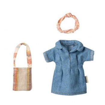 Maileg - Komplet teksas haljina, traka za kosu i torba za mamu mišicu Maileg - Komplet teksas haljina, traka za kosu i torba za mamu mišicu